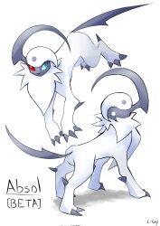 2024_pokemon_teraleak absol_(prototype) animal_focus character_name claws commentary corrupted_twitter_file creatures_(company) english_commentary full_body game_freak heterochromia highres likey multiple_views nintendo no_humans pokemon pokemon_(creature) pokemon_rse_(prototype) prototype_design simple_background standing white_background white_fur yin_yang