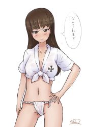 Rule 34 | 10s, 1girl, artist name, bad id, bad pixiv id, blush, breasts, brown eyes, brown hair, cleavage, cross, emblem, front-tie top, frown, fundoshi, girls und panzer, hand on own hip, iron cross, japanese clothes, long hair, looking at viewer, mature female, midriff, mizu happi, nishizumi shiho, shirt, signature, simple background, sketch, solo, solokov (okb-999), standing, sweat, white background