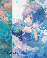 Rule 34 | 1girl, :o, back bow, bad id, bad twitter id, bare shoulders, blue bow, blue dress, blue eyes, blue flower, blue hair, bouquet, bow, character request, choker, collarbone, copyright request, curly hair, detached sleeves, dress, floral background, flower, fushigiboshi no futago hime, fushigiboshi no futago hime gyu, gloves, green pants, hair ornament, hand in own hair, heart, heart hair ornament, highres, holding, holding bouquet, blue background, long dress, long hair, looking at viewer, maccha (mochancc), open mouth, pants, princess, single glove, sleeveless, sleeveless dress, solo, standing, tiara, white gloves, yellow choker
