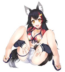 Rule 34 | 1girl, animal ear fluff, animal ears, bikini, bikini under clothes, black collar, black hair, breasts, choker, cleavage, collar, collarbone, hair between eyes, highres, hololive, jacket, large breasts, long hair, looking at viewer, m legs, multicolored hair, navel, ookami mio, ookami mio (hololive summer 2019), open clothes, open jacket, open mouth, otaku heishi, red hair, short shorts, shorts, solo, spread legs, swimsuit, tail, tail around own leg, tail wrap, very long hair, virtual youtuber, white hair, wolf ears, wolf girl, wolf tail, yellow eyes