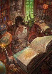 Rule 34 | 1girl, antlers, aqua eyes, bandages, bird, black hair, book, book stack, bookshelf, braid, breasts, cabinet, candle, candlestand, chair, commentary, dark-skinned female, dark skin, desk, drawer, dress, fairy, fantasy, feathers, from above, globe, green eyes, grimoire, hair over one eye, hand on own chin, highres, holding, holding staff, horns, indoors, jar, lack, long hair, one eye covered, open book, original, owl, paper, pipe in mouth, quill, reading, scenery, single braid, sitting, skeleton, skull, smile, smoke, smoking, smoking pipe, solo, staff, sunlight, table, white dress, white witch (lack), window