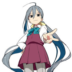 Rule 34 | 10s, 1girl, ahoge, asymmetrical bangs, bad id, bad nicoseiga id, bow, bowtie, cowboy shot, from below, grey eyes, grey hair, grey pantyhose, hand on own hip, kantai collection, kinosuke (sositeimanoga), kiyoshimo (kancolle), long hair, looking at viewer, low twintails, multicolored hair, outstretched hand, pantyhose, pleated skirt, purple skirt, school uniform, simple background, skirt, solo, twintails, two-tone hair, v, very long hair, white background