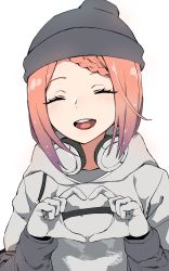 Rule 34 | 1girl, bad id, bad twitter id, blush, closed eyes, commentary, english commentary, girls&#039; frontline, gloves, hat, headphones, headphones around neck, heart, heart hands, highres, kinbakuman, long hoodie, open mouth, pink hair, portrait, short hair, simple background, solo, white background
