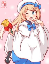 Rule 34 | alternate costume, bell, blonde hair, blue dress, blue eyes, coat, dress, gradient background, hat, jervis (kancolle), jingle bell, kanon (kurogane knights), kantai collection, looking at viewer, one-hour drawing challenge, one eye closed, pink background, sailor hat, white hat