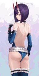 Rule 34 | 1girl, ass, back, bad id, bad twitter id, bare back, bare shoulders, black gloves, blue leotard, blue one-piece swimsuit, blue sleeves, blue thighhighs, bob cut, collar, commentary, cosplay, cowboy shot, dead or alive, detached sleeves, english commentary, eyeliner, fate/grand order, fate (series), frilled collar, frilled leotard, frilled one-piece swimsuit, frilled swimsuit, frilled thighhighs, frills, from behind, gloves, highleg, highleg leotard, highres, horns, inverted bob, leotard, looking at viewer, looking back, makeup, marie rose, marie rose (cosplay), marie rose (devilish servant against the splashing waves), multicolored background, one-piece swimsuit, oni, purple eyes, purple hair, short eyebrows, short hair, shuten douji (fate), sideways glance, skin-covered horns, skin tight, solo, swimsuit, taino kou, thighhighs, thighs, two-tone gloves, v, white gloves