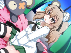 Rule 34 | 10s, 1girl, alternate costume, animal ears, bandages, bed, between legs, blanket, blue sky, breasts, brown eyes, brown hair, cloud, curtains, day, fake animal ears, girls und panzer, hair between eyes, hair ribbon, hairband, hand between legs, highres, long hair, long sleeves, looking at viewer, oborotsuki kakeru, ooarai school uniform, open mouth, pleated skirt, ribbon, school uniform, shimada arisu, shirt, sitting, skirt, sky, small breasts, solo, striped clothes, striped thighhighs, stuffed animal, stuffed toy, tail, teddy bear, thighhighs, twintails, wariza, window, zettai ryouiki