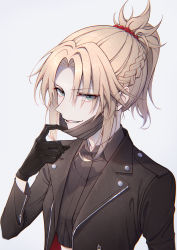 Rule 34 | 1girl, absurdres, bambi-25, black gloves, black jacket, blonde hair, braid, breasts, collared shirt, crop top, eyes visible through hair, fate/apocrypha, fate/grand order, fate (series), french braid, gloves, green eyes, hair ornament, hair scrunchie, highres, jacket, long hair, long sleeves, looking at viewer, mask pull, mordred (fate), mordred (fate/apocrypha), open mouth, ponytail, red scrunchie, scrunchie, shirt, small breasts, smile, solo, translation request, white background