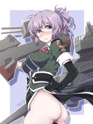 Rule 34 | 1girl, 547th sy, adapted turret, ahoge, alternate costume, aoba (kancolle), ass, black gloves, blue eyes, bow, bowtie, breasts, cannon, collared shirt, cosplay, elbow gloves, gloves, hair between eyes, hair ornament, hair scrunchie, highleg, highleg panties, highres, jacket, kantai collection, looking at viewer, machinery, medium breasts, messy hair, necktie, no panties, open mouth, panties, pelvic curtain, ponytail, purple hair, red bow, red bowtie, red necktie, scrunchie, shirt, short hair, short sleeves, side slit, single elbow glove, single glove, single thighhigh, smile, solo, thighhighs, tone (kancolle), tone kai ni (kancolle), tone kai ni (kancolle) (cosplay), turret, underwear
