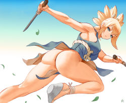 Rule 34 | 1girl, anus, armpits, ass, bare shoulders, blonde hair, blue background, blue dress, blue eyes, bottomless, breasts, dr. stone, dress, from behind, gradient background, high heels, knife, kohaku (dr. stone), legs, looking at viewer, no panties, sidelocks, solo, white background, zefrableu