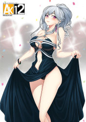 Rule 34 | 1girl, ak-12 (girls&#039; frontline), ak-12 (quiet azure) (girls&#039; frontline), bare shoulders, black panties, blue dress, bracelet, breasts, cleavage, cleavage cutout, closed mouth, clothes lift, clothing cutout, commentary request, confetti, dress, earrings, girls&#039; frontline, hair up, halterneck, jewelry, lace, lace panties, large breasts, lifted by self, long hair, long skirt, looking at viewer, looking to the side, navel, navel cutout, necklace, official alternate costume, panties, purple eyes, side slit, sidelocks, silver hair, skirt, skirt lift, smile, solo, takejun, thighs, underwear, updo