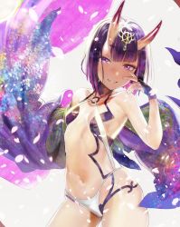 Rule 34 | 1girl, bare shoulders, blunt bangs, blush, bob cut, breasts, bridal gauntlets, collarbone, commentary request, eyebrows, fate/grand order, fate (series), fingernails, grey background, grin, hand up, head tilt, headpiece, highres, horns, japanese clothes, kimono, looking at viewer, naisho na zuku doori, navel, o-ring, o-ring swimsuit, one-piece swimsuit, oni, petals, purple eyes, purple hair, purple kimono, revision, short hair, shuten douji (fate), skin-covered horns, slingshot swimsuit, small breasts, smile, solo, swimsuit, thick eyebrows, white one-piece swimsuit