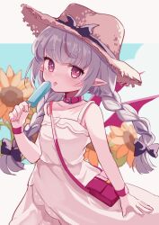 Rule 34 | 1girl, bag, black bow, blush, bow, braid, collar, cowboy shot, demon wings, dress, flower, food, grey hair, hair bow, hat, highres, holding food, holding popsicle, karunabaru, long hair, looking at viewer, makaino ririmu, multicolored hair, nijisanji, pointy ears, popsicle, red collar, red eyes, red hair, red wings, shoulder bag, solo, strap slip, straw hat, sundress, sunflower, tongue, tongue out, twin braids, two-tone hair, virtual youtuber, white dress, wings, wrist cuffs