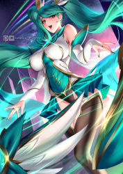 Rule 34 | 1girl, absurdres, breasts, bridal gauntlets, cian yo, green eyes, green hair, green nails, highres, large breasts, league of legends, long hair, nail polish, open mouth, patreon username, solo, sona (league of legends), thighhighs, twintails