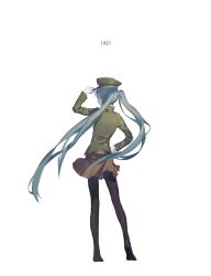 Rule 34 | 1925 (vocaloid), 1girl, adjusting clothes, adjusting headwear, arm up, black pantyhose, brown skirt, copyright name, from behind, full body, hand on own hip, hat, hatsune miku, highres, legs apart, long hair, long sleeves, looking at viewer, looking back, pantyhose, peaked cap, pleated skirt, simple background, skirt, solo, song name, spencer sais, standing, twintails, uniform, very long hair, vocaloid, white background
