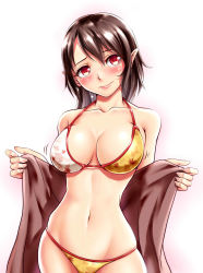 Rule 34 | 1girl, absurdres, alvares, bad id, bad pixiv id, bare shoulders, bikini, blush, breasts, breasts apart, brown hair, closed mouth, collarbone, graphite (medium), hair between eyes, hands up, head tilt, highres, holding, holding towel, leaf print, lips, looking at viewer, mechanical pencil, medium breasts, medium hair, navel, pencil, pointy ears, print bikini, shameimaru aya, skindentation, solo, stomach, swimsuit, touhou, towel, traditional media, upper body