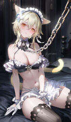 Rule 34 | 1girl, :&lt;, absurdres, animal ear fluff, bare shoulders, blonde hair, blush, bound, bra, breasts, chain, chain leash, cleavage, detached collar, flower, frills, genshin impact, gloves, hair between eyes, hair flower, hair ornament, highres, lace, lace-trimmed bra, lace-trimmed legwear, lace trim, large breasts, leash, looking at viewer, lumine (genshin impact), maid headdress, medium breasts, pottsness, restrained, short hair with long locks, solo, thighs, underwear, yellow eyes