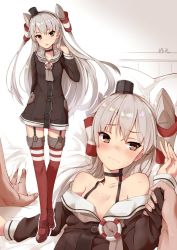 Rule 34 | 10s, 1boy, 1girl, amatsukaze (kancolle), arm behind back, ascot, blush, brown eyes, clothes pull, collarbone, commentary request, dress, dress pull, full body, garter straps, hat, kantai collection, lifebuoy, long hair, long sleeves, mini hat, multiple views, on bed, sailor dress, short dress, silver hair, solo focus, standing, striped clothes, striped thighhighs, swim ring, thighhighs, two side up, very long hair, yuuzuki (re&#039;ef), zettai ryouiki