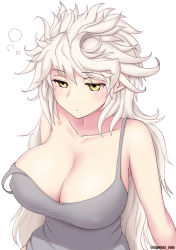 Rule 34 | 1girl, alternate costume, breasts, collarbone, cypress, grey tank top, hair down, highres, kantai collection, large breasts, large pectorals, long hair, pectorals, solo, strap slip, tank top, unryuu (kancolle), very long hair, wavy hair, white hair, yellow eyes