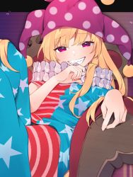 Rule 34 | 1girl, akagashi hagane, american flag pants, american flag shirt, black border, blonde hair, blush, border, chair, closed mouth, clownpiece, commentary request, commission, fingernails, gradient background, hair between eyes, hand up, hat, jester cap, long fingernails, long hair, looking at viewer, neck ruff, no shoes, outside border, pants, pink background, pink eyes, pink hat, polka dot, purple background, purple eyes, purple hat, sharp teeth, shirt, short sleeves, sitting, skeb commission, smile, solo, star (symbol), star in eye, star print, striped clothes, striped pants, striped shirt, symbol in eye, teeth, touhou