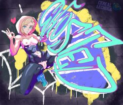 Rule 34 | 1girl, blonde hair, blue eyes, blue footwear, blush, bodysuit, breasts, cerealxs, cleft of venus, female focus, graffiti, gwen stacy, heart, highres, hood, hood up, looking at viewer, marvel, navel, nipples, pussy, shoes, short hair, small breasts, smile, sneakers, solo, spider-man: into the spider-verse, spider-man (series), spider-verse, spider web print, spread legs, superhero costume, thighs, torn bodysuit, torn clothes, uncensored