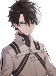 Rule 34 | 1boy, aqua eyes, black hair, black shirt, buttons, chaldea logo, closed mouth, commentary request, fate/grand order, fate (series), fujimaru ritsuka (male), fujimaru ritsuka (male) (decisive battle chaldea uniform), hair between eyes, highres, jacket, long sleeves, looking at viewer, male focus, nio (eo zatu), official alternate costume, serious, shirt, short hair, simple background, solo, upper body, white background, white jacket