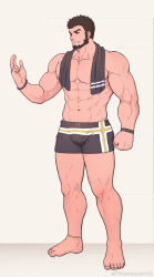 Rule 34 | 1boy, abs, alternate costume, anklet, avenger (dungeon and fighter), bara, beard, black male underwear, boxers, bracelet, bulge, dungeon and fighter, facial hair, grin, hand up, highres, jewelry, kulolin, large pectorals, male focus, male priest (dungeon and fighter), male underwear, mature male, muscular, muscular male, navel, nipples, pectorals, priest (dungeon and fighter), print male underwear, short hair, sideburns, smile, solo, standing, stomach, thick thighs, thighs, topless male, towel, towel around neck, underwear, v-shaped eyebrows