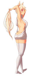 Rule 34 | 00s, 1girl, animal ears, aran sweater, ass, backless dress, backless outfit, bad id, bad pixiv id, bare back, blonde hair, breasts, butt crack, cable knit, cat ears, closed mouth, dress, dungeon and fighter, from side, full body, gooak, halterneck, highres, large breasts, long hair, looking at viewer, looking back, meme attire, naked sweater, profile, raised eyebrows, red eyes, ribbed sweater, sideboob, simple background, smile, solo, sweater, sweater dress, thighhighs, thighs, turtleneck, turtleneck sweater, tying air, virgin killer sweater, white background, white sweater, white thighhighs