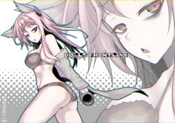 Rule 34 | 1girl, animal ears, artist name, ass, bra, breasts, brown bra, brown panties, cat ears, coffee mug, commentary request, copyright name, cup, from side, girls&#039; frontline, grey background, holding, holding cup, lab coat, large breasts, long hair, looking at viewer, looking back, mug, multicolored background, off shoulder, open mouth, panties, persica (girls&#039; frontline), pink hair, red eyes, ryuu tou, simple background, solo, twitter username, underwear, underwear only, wedgie, white background, zoom layer