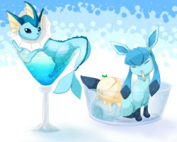 Rule 34 | blue eyes, cocktail glass, creatures (company), cup, drink, drinking glass, food, game freak, gen 1 pokemon, gen 4 pokemon, glaceon, glass, ice, ice cream, lime garden, looking at another, nintendo, no humans, pokemon, pokemon (creature), sparkle, spoon, utensil in mouth, vaporeon