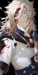 Rule 34 | 1boy, albedo (genshin impact), black background, blonde hair, blood, blood on clothes, blood on face, blue eyes, bright pupils, diamond (shape), genshin impact, grin, hair between eyes, highres, hood, hood down, long hair, male focus, parted lips, signature, simple background, smile, solo, srro yo, teeth, upper body, vision (genshin impact), white pupils