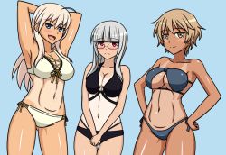 Rule 34 | 3girls, ahoge, arms behind head, bikini, black bikini, blonde hair, blue background, blunt bangs, blush, breasts, cleavage, front-tie bikini top, front-tie top, glasses, gluteal fold, grey bikini, grey hair, groin, groin tendon, hachimitsu-b, hair between eyes, hands on own hips, hanna-justina marseille, heidimarie w. schnaufer, jewelry, large breasts, long hair, multiple girls, navel, one-piece tan, ring, semi-rimless eyewear, shiny skin, short hair, side-tie bikini bottom, smile, strike witches, swimsuit, tan, tanline, thigh gap, thighs, v arms, waltrud krupinski, witches of africa, world witches series, yellow eyes