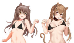 Rule 34 | 2girls, :3, absurdres, animal ears, bare arms, bare shoulders, bikini, bikini top only, black bikini, blush, breasts, brown hair, buckle, cat ears, cat girl, cat tail, collar, collarbone, girls&#039; frontline, hair ornament, hairclip, hako reeema, head tilt, highres, kemonomimi mode, large breasts, lifted by self, long hair, multiple girls, navel, parted lips, paw pose, scar, scar across eye, scar on face, shaded face, simple background, skindentation, small breasts, smile, stomach, strap lift, string bikini, swimsuit, tail, twintails, ump45 (girls&#039; frontline), ump9 (girls&#039; frontline), unaligned breasts, underboob, upper body, white background, yellow eyes
