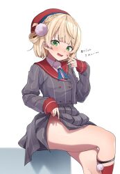 Rule 34 | 1girl, absurdres, beret, black shirt, black skirt, blonde hair, blush, braid, clothes lift, commentary request, eru (l illust45), fang, green eyes, hair ornament, hair rings, hat, highres, indie virtual youtuber, long sleeves, looking at viewer, no panties, open mouth, pinstripe pattern, pinstripe shirt, pinstripe skirt, pom pom (clothes), pom pom hair ornament, red hat, shigure ui (vtuber), shigure ui (vtuber) (1st costume), shirt, short hair, simple background, sitting, skin fang, skirt, skirt lift, sleeves past wrists, smug, solo, striped clothes, thighs, translation request, vertical-striped clothes, virtual youtuber, white background, white shirt
