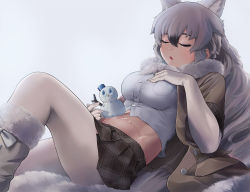 Rule 34 | 1girl, animal ear fluff, animal ears, arctic wolf (kemono friends), beleven, breast pocket, breasts, elbow gloves, extra ears, closed eyes, fur trim, gloves, hat, highres, jacket, jacket partially removed, kemono friends, long hair, medium breasts, melting, midriff, navel, open mouth, pantyhose, pocket, simple background, skirt, sleeping, snow, snowball, snowman, solo, tail, thighs, water, white background, white gloves, white pantyhose, winter, wolf ears, wolf girl, wolf tail
