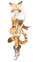 Rule 34 | 10s, 1girl, animal ear fluff, black ribbon, blonde hair, blouse, blue eyes, boots, bow, breasts, collared shirt, cross-laced footwear, frilled skirt, frills, full body, fur trim, hair bow, holding, holding sword, holding weapon, ise (0425), kemono friends, lace-up boots, long hair, necktie, plaid necktie, pleated skirt, red bow, ribbon, saber (weapon), shirt, short hair with long locks, simple background, skirt, small breasts, smilodon (kemono friends), solo, standing, sword, tail, thighhighs, tiger tail, weapon, white background, white footwear, white shirt, yellow necktie, yellow skirt, zettai ryouiki