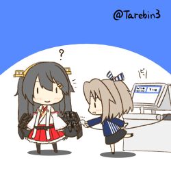 Rule 34 | :d, ?, alternate costume, barcode scanner, bare shoulders, black hair, black skirt, blue shirt, boots, brown hair, camouflage, cash register, chibi, dazzle paint, detached sleeves, full body, hachimaki, hair ornament, hairclip, haruna (kancolle), headband, headgear, high ponytail, highres, kantai collection, lawson, long hair, machinery, nontraditional miko, open mouth, pleated skirt, red skirt, remodel (kantai collection), shirt, skirt, smile, tarebin, thigh boots, thighhighs, turret, twitter username, uniform, zuihou (kancolle), | |