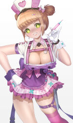 Rule 34 | + +, 1girl, absurdres, apron, blunt bangs, blush, breasts, brown hair, cleavage, double bun, gloves, goddess of victory: nikke, graynacht, green eyes, grin, hair bun, hand on own hip, hat, highres, holding, holding syringe, large breasts, maid apron, novel (detective nurse) (nikke), novel (nikke), nurse cap, purple apron, shaded face, short hair, short twintails, sidelocks, simple background, smile, solo, syringe, thigh strap, twintails, white background, white gloves