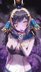 Rule 34 | 1girl, black hair, blurry, blurry background, blush, breasts, closed mouth, egyptian clothes, facial mark, flower, gold trim, hair ornament, highres, holding, holding flower, indie virtual youtuber, kiriii, lamia, long hair, monster girl, purple flower, purple rose, rose, second-party source, solo, tassel, tassel hair ornament, usekh collar, vexoria the sun eater, virtual youtuber, yellow eyes