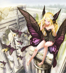 Rule 34 | 6+girls, architecture, bare legs, bare shoulders, barefoot, blonde hair, blush, bug, butterfly, butterfly wings, crack, fairy, feet, flower, flying, from above, hair flower, hair ornament, hand in own hair, head wings, highres, insect, insect wings, light smile, long hair, low wings, multiple girls, original, pillar, purple eyes, sitting, solo focus, ume (illegal bible), wings