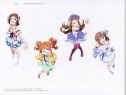 Rule 34 | 4girls, absurdres, amami haruka, arm strap, artist name, asymmetrical sleeves, blue headwear, boots, breasts, brown hair, cleavage, collarbone, copyright name, detached sleeves, dress, floating hair, from above, full body, gradient sleeves, hagiwara yukiho, hair intakes, hair ornament, hair ribbon, hand on own hip, highres, idolmaster, idolmaster (classic), knee boots, layered dress, layered skirt, long hair, long sleeves, minase iori, miniskirt, multiple girls, official art, orange footwear, page number, pinafore dress, print sleeves, purple dress, red footwear, ribbon, shoes, short hair, skirt, sleeveless dress, small breasts, sneakers, snowflake hair ornament, snowflake print, star (symbol), star hair ornament, strapless, strapless dress, takatsuki yayoi, tanaka yuusuke, thigh boots, very long hair, white background, white dress, white footwear, white ribbon