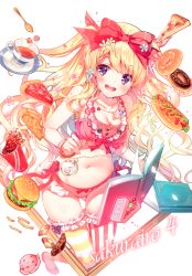 Rule 34 | 1girl, :d, absurdres, asymmetrical legwear, bangle, bare arms, bare shoulders, bikini, blonde hair, book, bow, bracelet, breasts, burger, cleavage, collarbone, cup, doughnut, food, frilled bikini, frilled legwear, frills, gluteal fold, hair bow, highres, hot dog, ice cream, jewelry, long hair, looking at viewer, medium breasts, mismatched legwear, miwabe sakura, navel, open mouth, original, pie, pie slice, pizza, pocket watch, purple eyes, red bikini, scan, side-tie bikini bottom, smile, soda, solo, spoon, stomach, striped clothes, striped legwear, striped thighhighs, swimsuit, teacup, thighhighs, thighs, two side up, vertical-striped clothes, vertical-striped thighhighs, very long hair, watch, white background