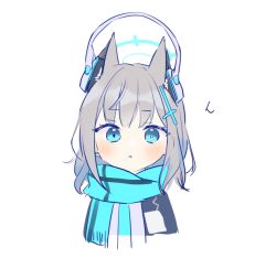 Rule 34 | 1girl, :c, animal ears, blue archive, blue eyes, blush, cat ears, chibi, closed mouth, cross hair ornament, extra ears, grey eyes, hair ornament, halo, headphones, headphones on animal ears, kyuuri (miyako), looking at viewer, medium hair, mismatched pupils, scarf, shiroko (blue archive), simple background, solo, upper body, white background