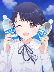 Rule 34 | 1girl, black hair, black ribbon, bottle, commentary request, day, fangs, flower, fukumaru koito, hair flower, hair ornament, highres, idolmaster, idolmaster shiny colors, long sleeves, looking at viewer, munico, neck ribbon, one eye closed, outdoors, pocari sweat, purple eyes, ribbon, shirt, skin fangs, solo, sweat, swept bangs, twintails, water bottle, white shirt