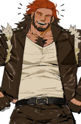 1boy absurdres bara beard belt blush brown_hair chest_tuft cowboy_shot eyebrow_cut facial_hair facing_viewer full_beard gomihebi happy_aura highres large_pectorals male_focus mature_male multicolored_hair muscular muscular_male original pectoral_cleavage pectorals solo standing thick_beard two-tone_hair