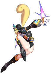 Rule 34 | 1girl, absurdres, android, armor, ass, bad id, bad twitter id, black footwear, black helmet, black leotard, blonde hair, blue eyes, boots, breasts, commentary request, energy blade, energy sword, from behind, full body, gloves, helmet, highres, holding, holding weapon, knee boots, leg up, leotard, long hair, looking at viewer, looking back, marino (mega man), medium breasts, mega man (series), mega man x: command mission, mega man x (series), ninja, official alternate color, outstretched arm, pantyhose, ponytail, simple background, smile, solo, sword, ukimukai, weapon, white background, white gloves