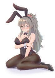 Rule 34 | 1girl, absurdres, animal ears, black bow, black bowtie, black leotard, black pantyhose, bow, bowtie, breasts, brown eyes, brown hair, cleavage, commentary request, detached collar, fake animal ears, forneus 0, full body, futaba rio, glasses, highres, large breasts, leotard, long hair, looking at viewer, pantyhose, playboy bunny, ponytail, rabbit ears, rabbit girl, rabbit tail, seishun buta yarou, simple background, sitting, solo, strapless, strapless leotard, tail, wariza, white background, wrist cuffs
