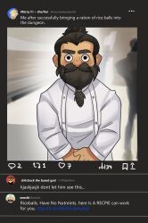 Rule 34 | 1boy, absurdres, alternate costume, alternate hairstyle, beard, brown hair, chef, chilchuck tims, cowboy shot, drea (fkaexe), drip (meme), dungeon meshi, dwarf, english text, facial hair, highres, long beard, long sleeves, looking at viewer, male focus, marcille donato, meme, mustache, no headwear, senshi (dungeon meshi), solo, standing, straight-on, thick mustache, tied beard, twitter