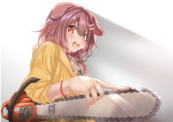 Rule 34 | 1girl, :d, absurdres, animal ears, blush, bone hair ornament, braid, brown hair, chainsaw, commentary, dog ears, dog girl, dress, hair between eyes, hair ornament, highres, hololive, inugami korone, inugami korone (1st costume), jacket, looking at viewer, medium hair, micon, open clothes, open jacket, open mouth, red eyes, shadow, side braids, simple background, smile, solo, twin braids, upper body, virtual youtuber, white background, white dress, wristband, yellow jacket