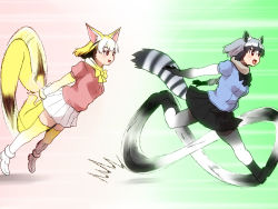 Rule 34 | 10s, 2girls, animal ears, black skirt, bow, brown eyes, commentary request, common raccoon (kemono friends), extra ears, fang, fennec (kemono friends), flying, fox ears, fox tail, fur collar, hair between eyes, isna (footprintsofisna), kemono friends, motion blur, multiple girls, open mouth, pink sweater, raccoon ears, raccoon tail, running, short hair, skirt, sonic (series), striped tail, sweater, tail, thighhighs, white skirt, yellow legwear, yellow neckwear