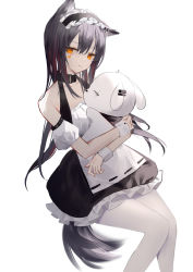 Rule 34 | 0 (znanimo), 1girl, absurdres, alternate costume, animal ears, arknights, bare shoulders, black collar, black hair, black hairband, character doll, collar, detached sleeves, ear piercing, enmaided, feet out of frame, frilled hairband, frills, hairband, highres, holding, holding stuffed toy, lappland (arknights), long hair, maid, orange eyes, pantyhose, piercing, puffy short sleeves, puffy sleeves, short sleeves, simple background, solo, stuffed animal, stuffed rabbit, stuffed toy, tail, texas (arknights), white background, white pantyhose, white sleeves, white wrist cuffs, wolf ears, wolf girl, wolf tail, wrist cuffs